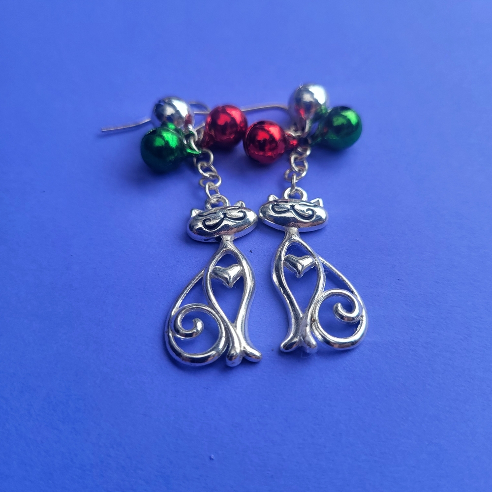 Silver Christmas Cat With Jingle Bells Dangle Earrings